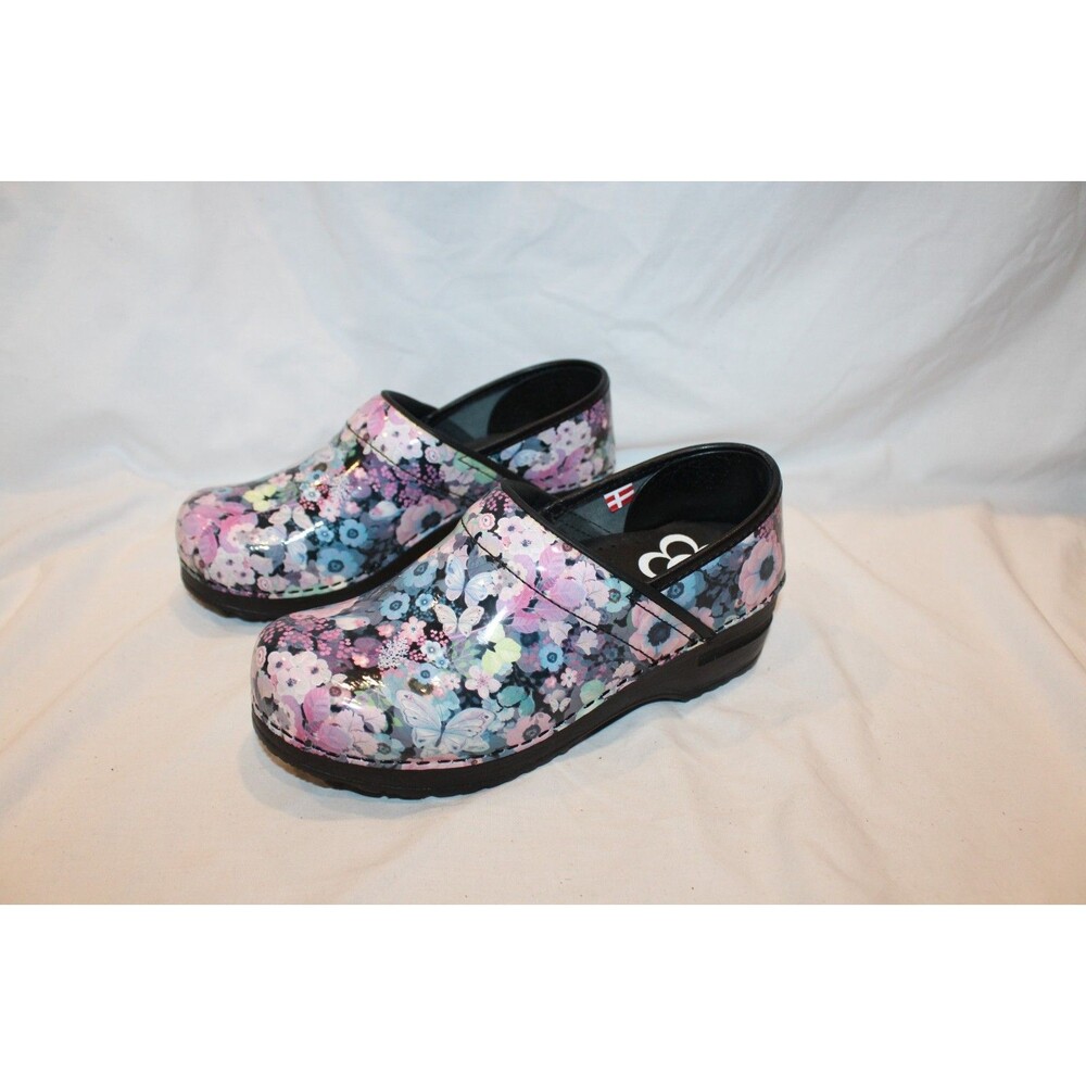 SANITA PATENT LEATHER SLIP ON FLORAL CLOGS PINK BLUE PURPLE BLACK SZ EU 38 - Picture 2 of 8